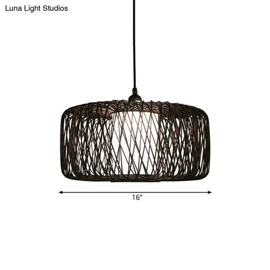 Contemporary Restaurant Hanging Lamp With Bamboo Shade- Black Pendant Light Fixture 16/23.5 Wide