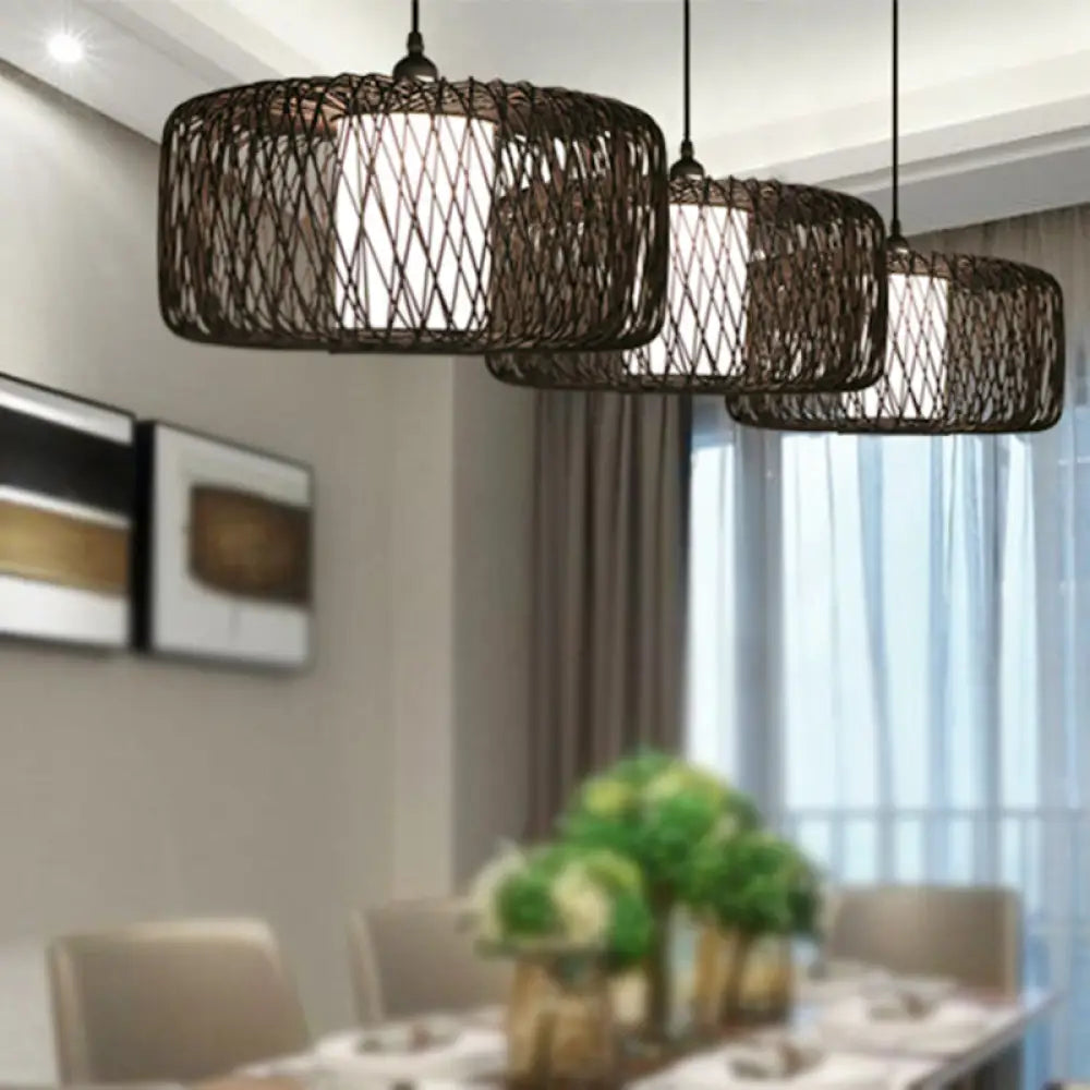 1-Light Restaurant Hanging Bamboo Drum Pendant Lamp 16’’/23.5’’ Wide Black Shade Fixture / 16’’