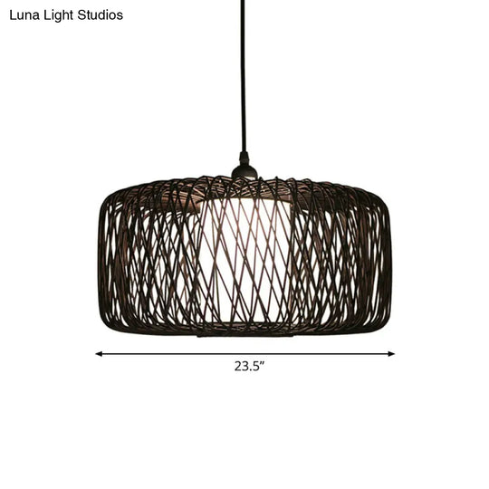 Contemporary Restaurant Hanging Lamp With Bamboo Shade- Black Pendant Light Fixture 16/23.5 Wide