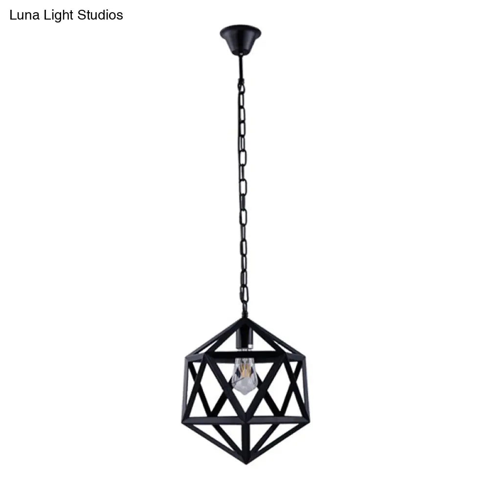 1-Light Retro Industrial Pendant Ceiling Light With Prism Cage And Metallic Finish