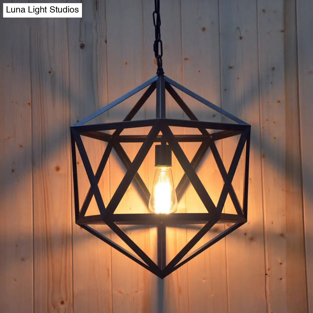 1-Light Retro Industrial Pendant Ceiling Light With Prism Cage And Metallic Finish