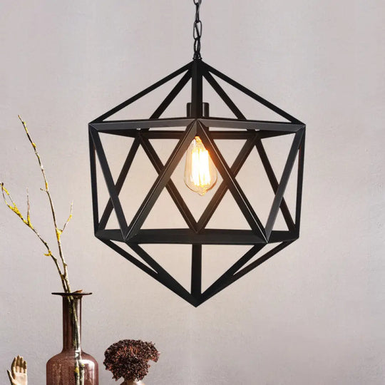 1-Light Retro Industrial Pendant Ceiling Light With Prism Cage And Metallic Finish Black / 14’