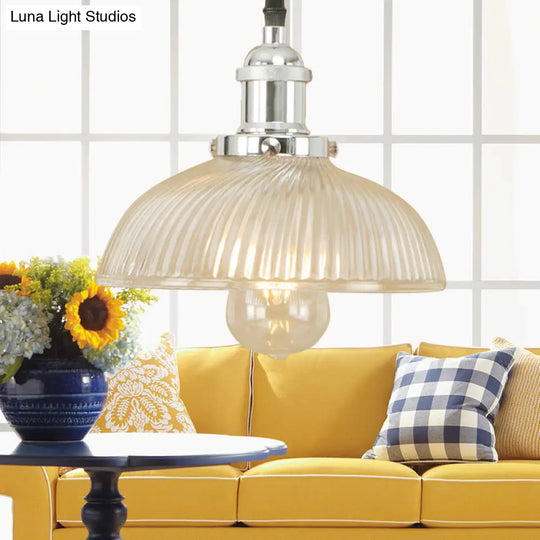 1-Light Ribbed Glass Dome Pendant Ceiling Light For Industrial & Rustic Settings.