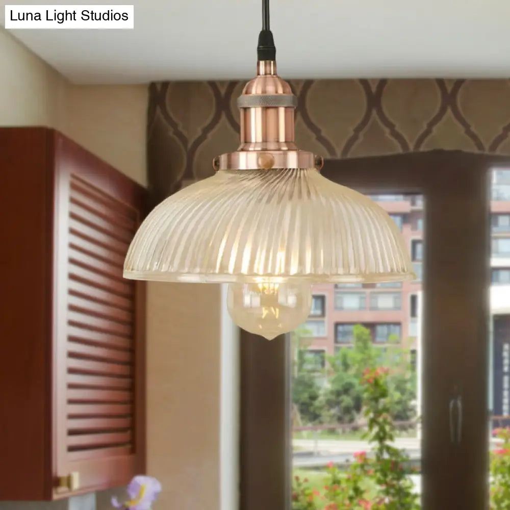 1-Light Ribbed Glass Dome Pendant Ceiling Light For Industrial & Rustic Settings.