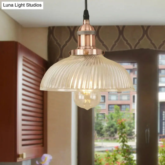 1-Light Ribbed Glass Dome Pendant Ceiling Light For Industrial & Rustic Settings.