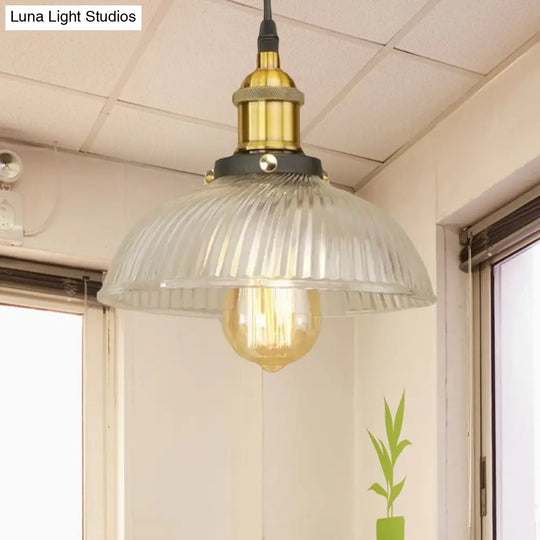 1-Light Ribbed Glass Dome Pendant Ceiling Light For Industrial & Rustic Settings.