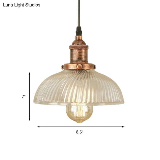 1-Light Ribbed Glass Dome Pendant Ceiling Light For Industrial & Rustic Settings.