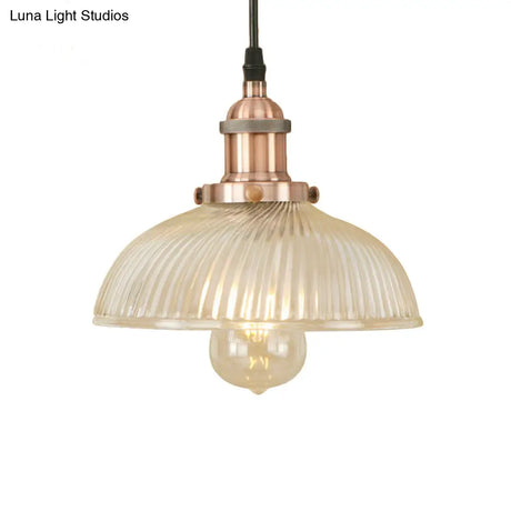1-Light Ribbed Glass Dome Pendant Ceiling Light For Industrial & Rustic Settings.