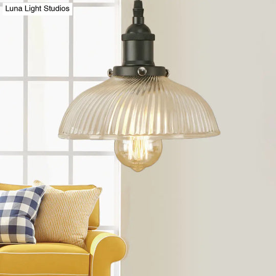 1-Light Ribbed Glass Dome Pendant Ceiling Light For Industrial & Rustic Settings.