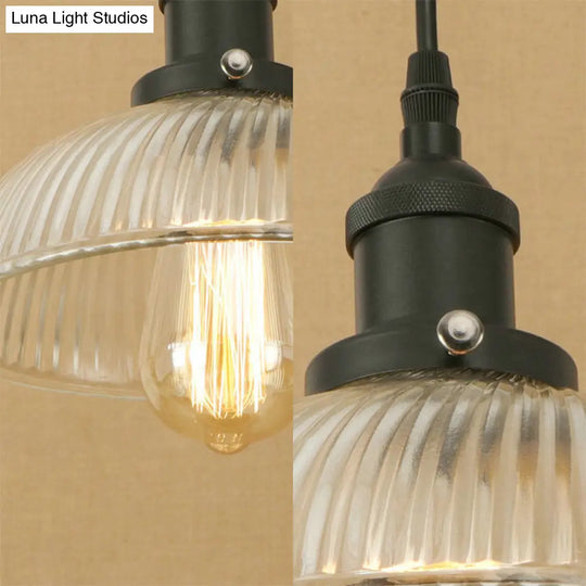 1-Light Ribbed Glass Dome Pendant Ceiling Light For Industrial & Rustic Settings.