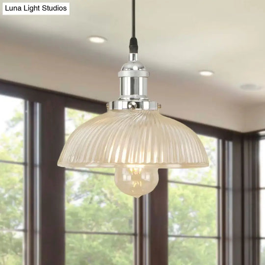 1-Light Ribbed Glass Dome Pendant Ceiling Light For Industrial & Rustic Settings.