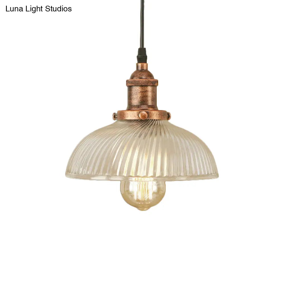 1-Light Ribbed Glass Dome Pendant Ceiling Light For Industrial & Rustic Settings.