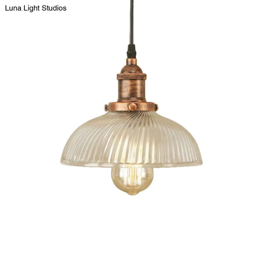 1-Light Ribbed Glass Dome Pendant Ceiling Light For Industrial & Rustic Settings.