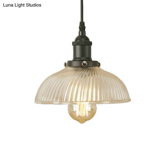 1-Light Ribbed Glass Dome Pendant Ceiling Light For Industrial & Rustic Settings.