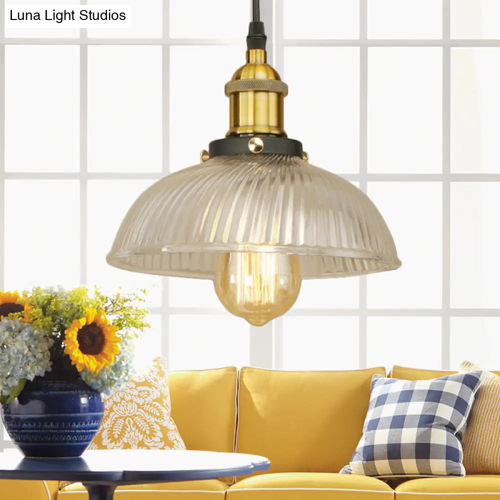 1-Light Ribbed Glass Dome Pendant Ceiling Light For Industrial & Rustic Settings.