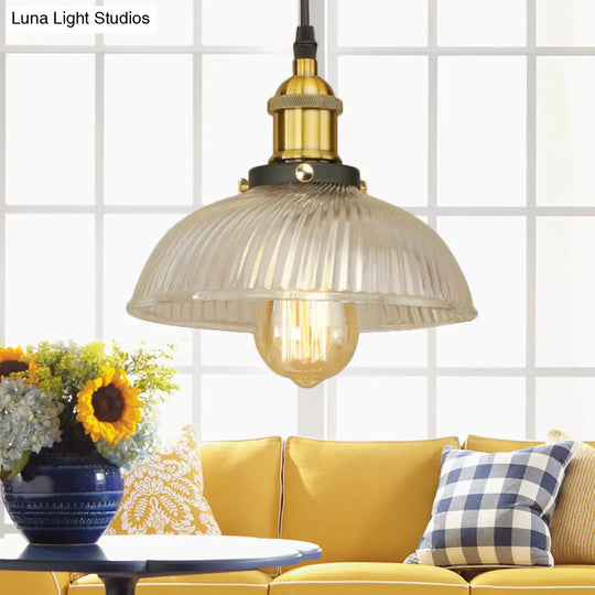 1-Light Ribbed Glass Dome Pendant Ceiling Light For Industrial & Rustic Settings.