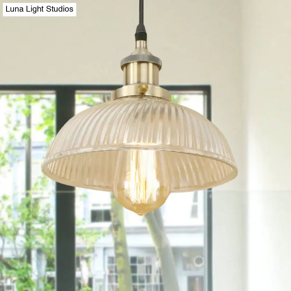 1-Light Ribbed Glass Dome Pendant Ceiling Light For Industrial & Rustic Settings.