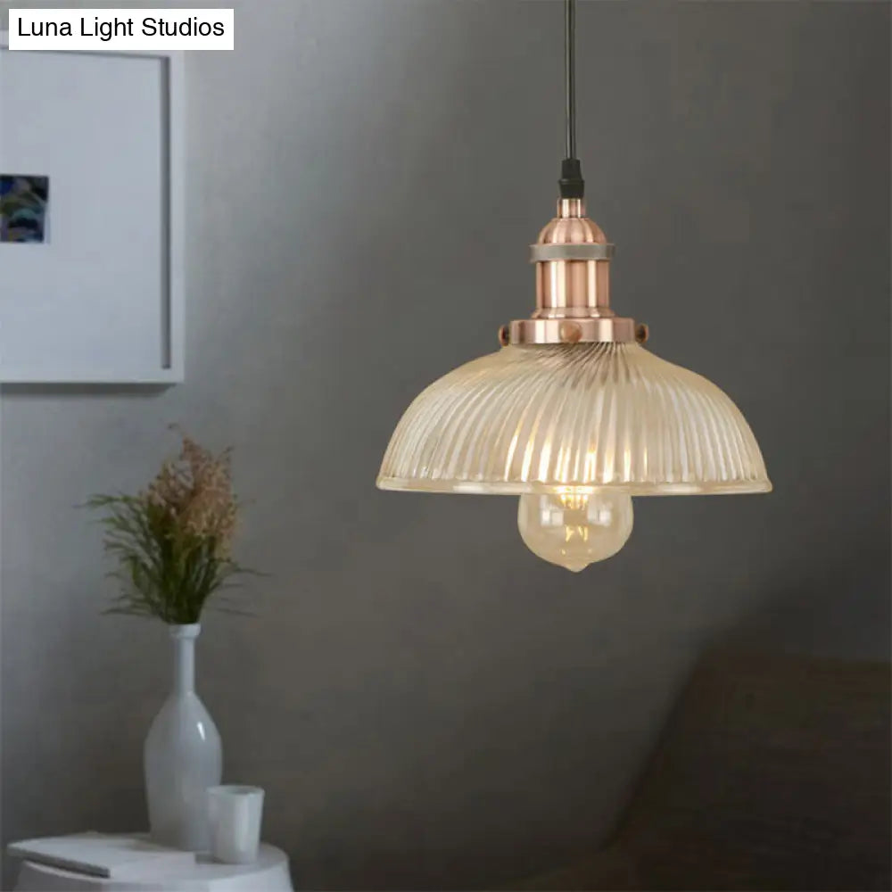 Dome Pendant Ceiling Light: Industrial Ribbed Glass - Black/Bronze/Rust Finish 1 Light Dining Room