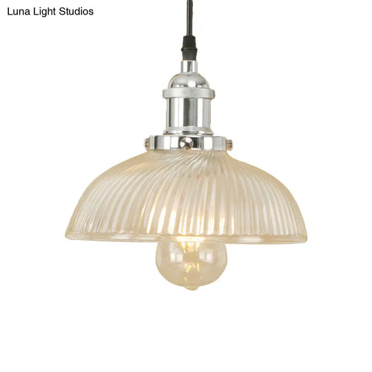 1-Light Ribbed Glass Dome Pendant Ceiling Light For Industrial & Rustic Settings.