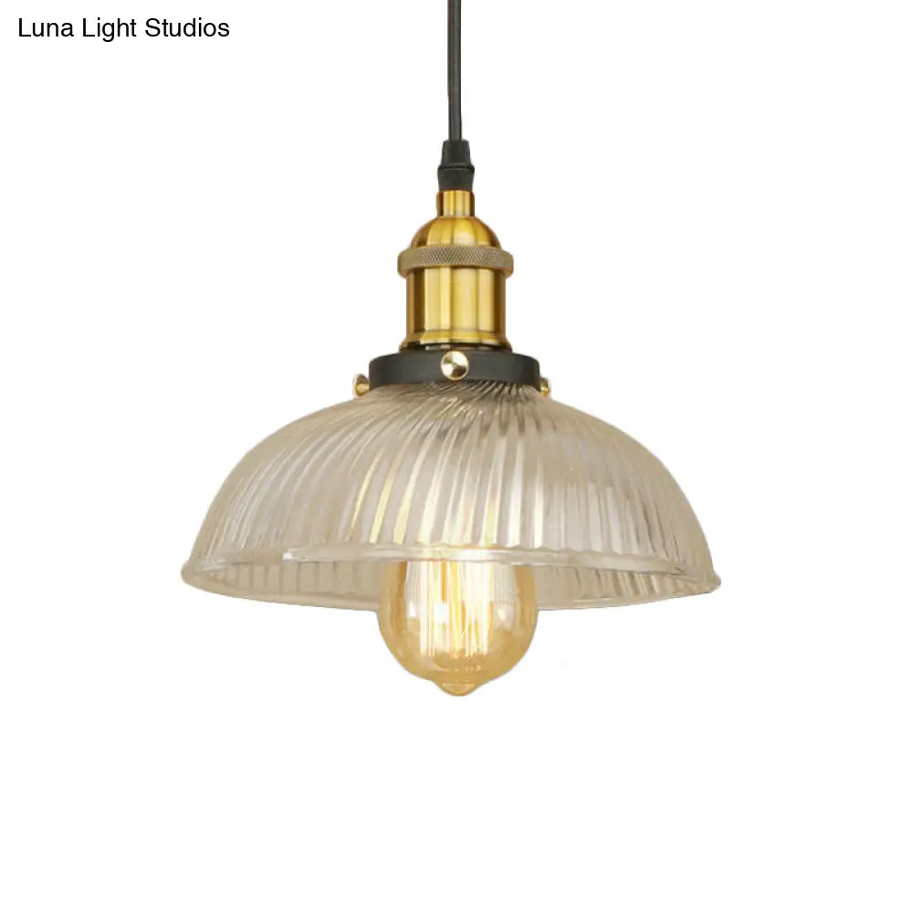 1-Light Ribbed Glass Dome Pendant Ceiling Light For Industrial & Rustic Settings.