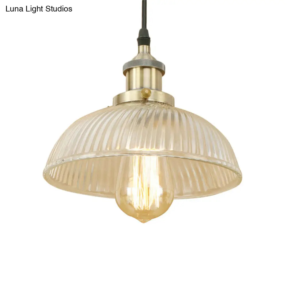 1-Light Ribbed Glass Dome Pendant Ceiling Light For Industrial & Rustic Settings.