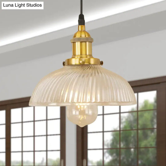 1-Light Ribbed Glass Dome Pendant Ceiling Light For Industrial & Rustic Settings.