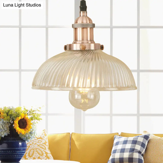 1-Light Ribbed Glass Dome Pendant Ceiling Light For Industrial & Rustic Settings.