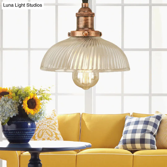 1-Light Ribbed Glass Dome Pendant Ceiling Light For Industrial & Rustic Settings.