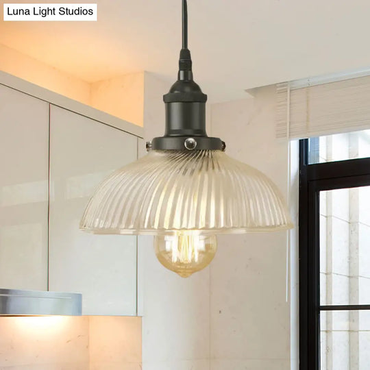 1-Light Ribbed Glass Dome Pendant Ceiling Light For Industrial & Rustic Settings.