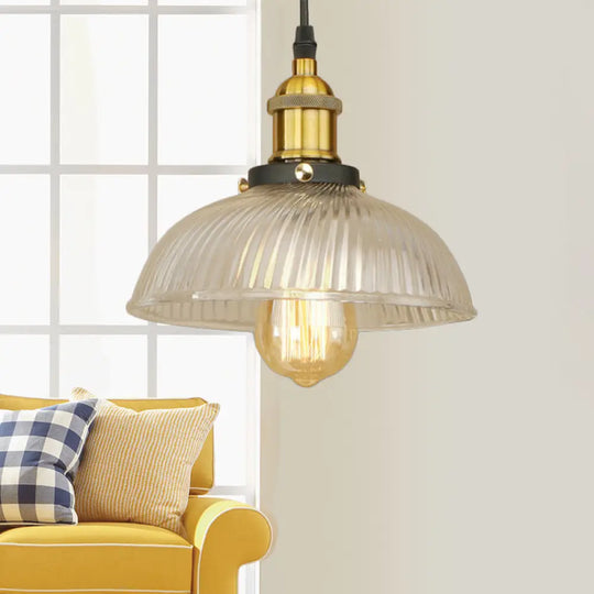 1-Light Ribbed Glass Dome Pendant Ceiling Light For Industrial & Rustic Settings. Black-Gold