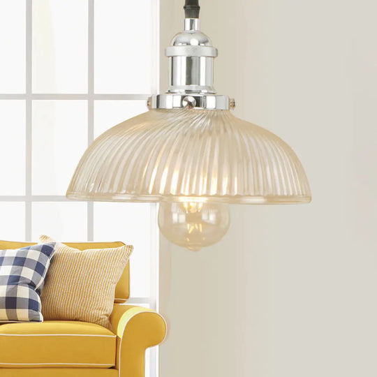 1-Light Ribbed Glass Dome Pendant Ceiling Light For Industrial & Rustic Settings. Chrome