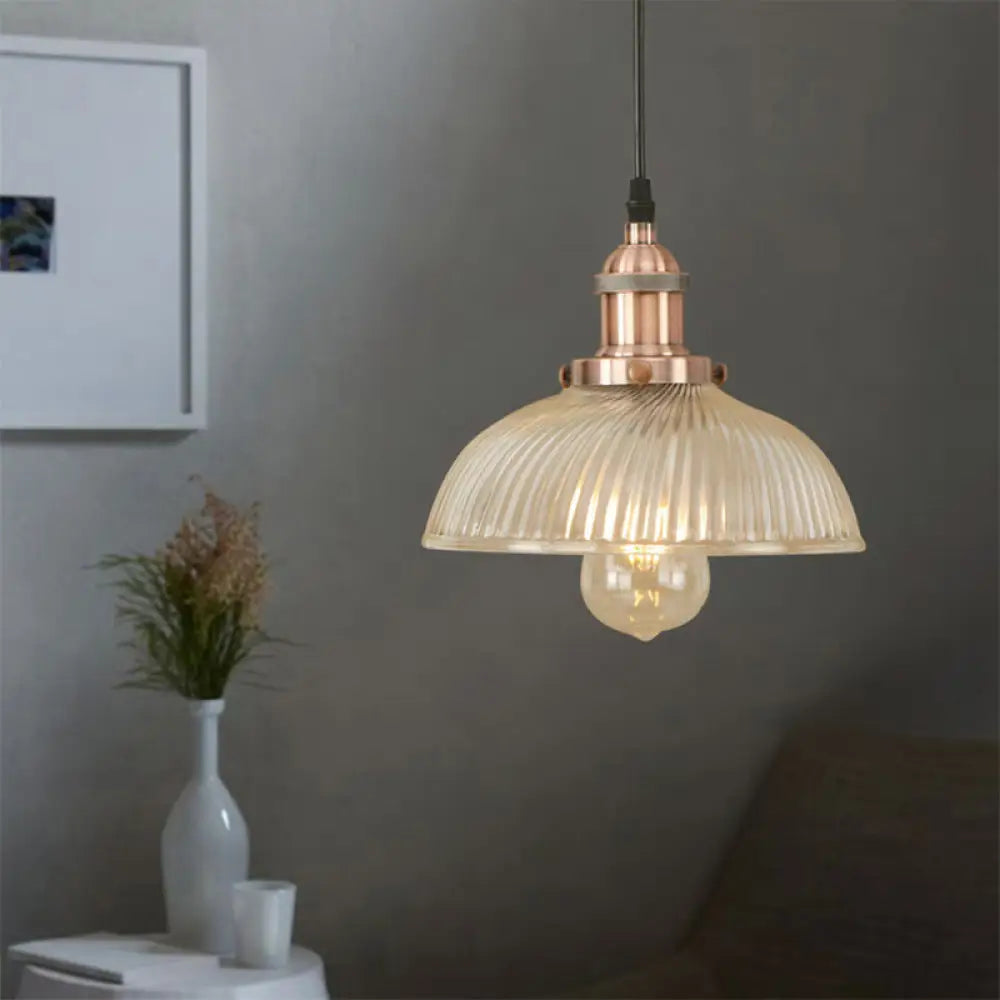 1-Light Ribbed Glass Dome Pendant Ceiling Light For Industrial & Rustic Settings. Copper