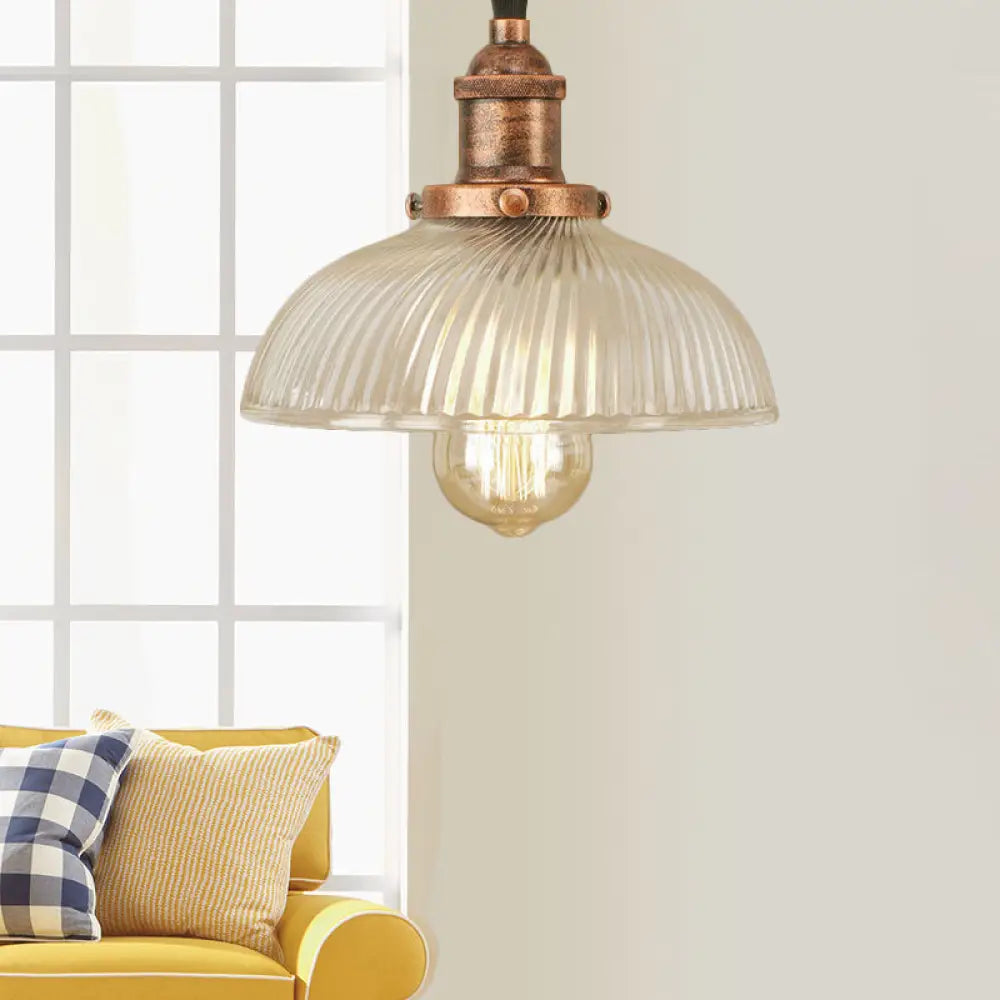 1-Light Ribbed Glass Dome Pendant Ceiling Light For Industrial & Rustic Settings. Rust