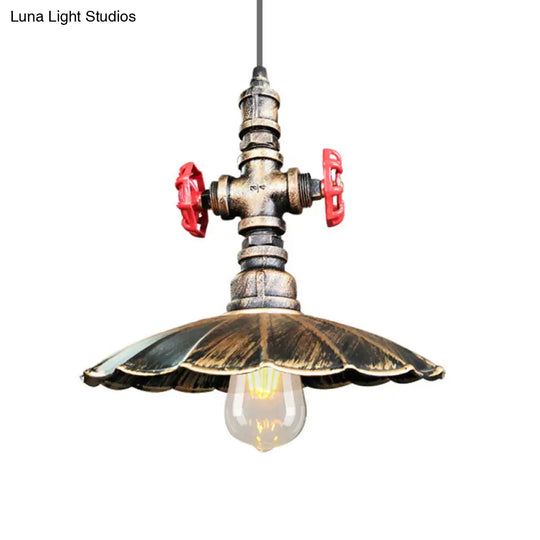 Rustic Brass Scalloped Ceiling Pendant Light With Pipe And Valve