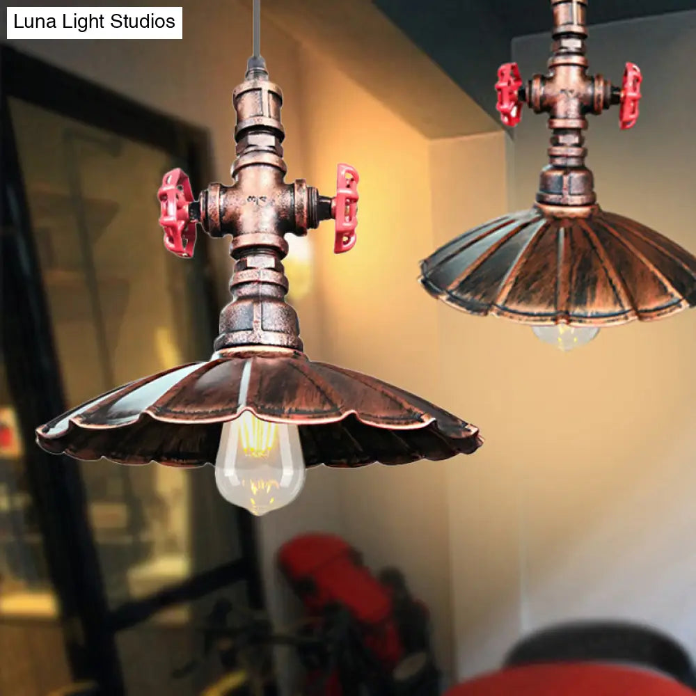 1 Light Rustic Scalloped Edge Ceiling Pendant In Brass/Weathered Copper With Pipe & Valve