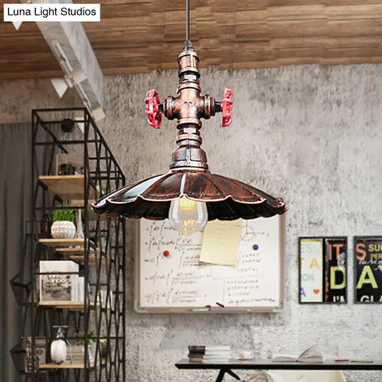 Rustic Brass Scalloped Ceiling Pendant Light With Pipe And Valve