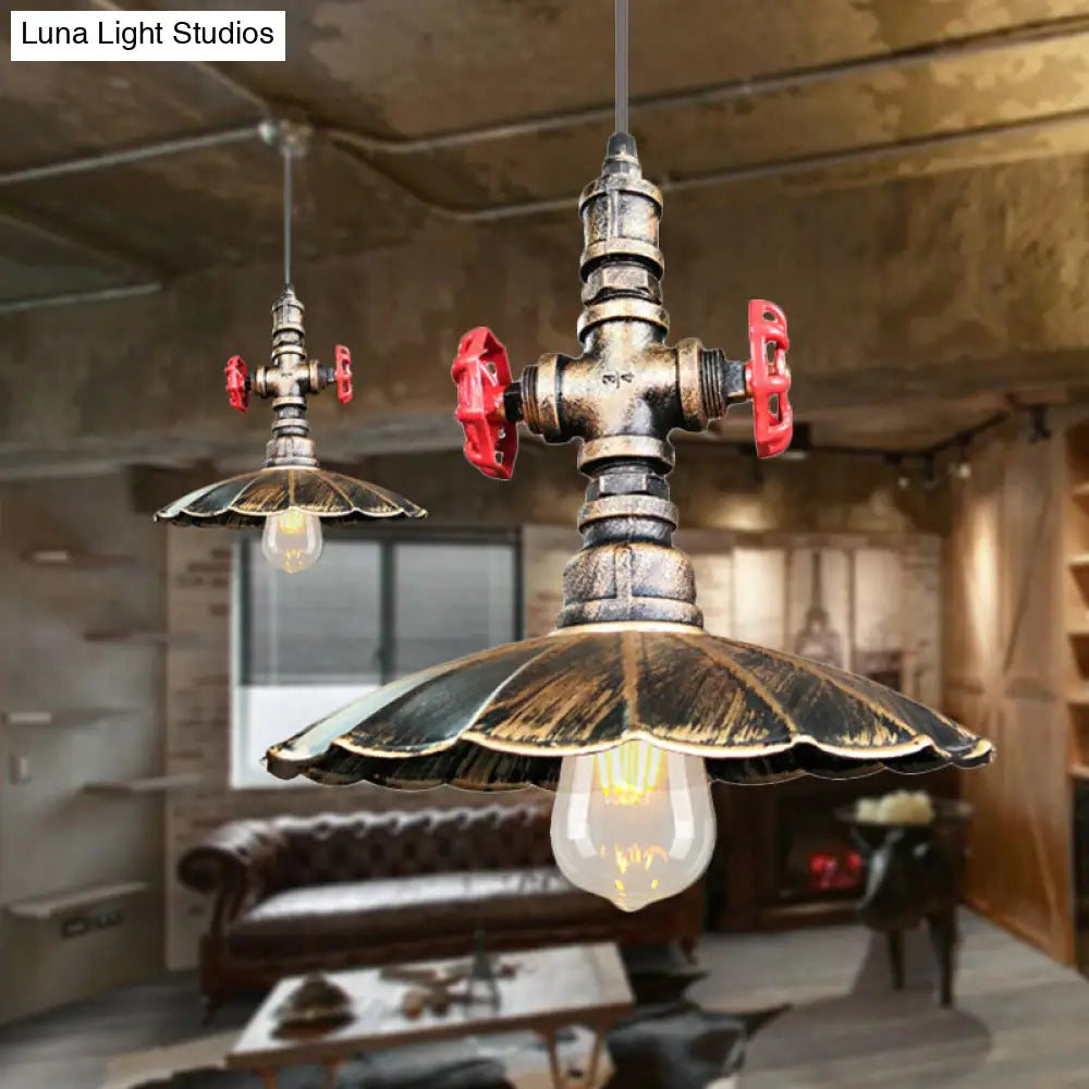 Rustic Brass Scalloped Ceiling Pendant Light With Pipe And Valve