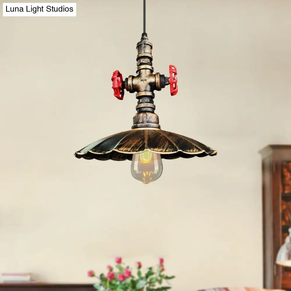 Rustic Brass Scalloped Ceiling Pendant Light With Pipe And Valve