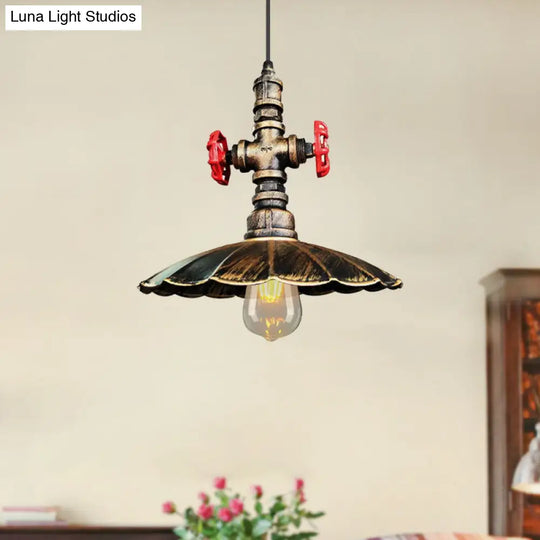 Rustic Brass Scalloped Ceiling Pendant Light With Pipe And Valve