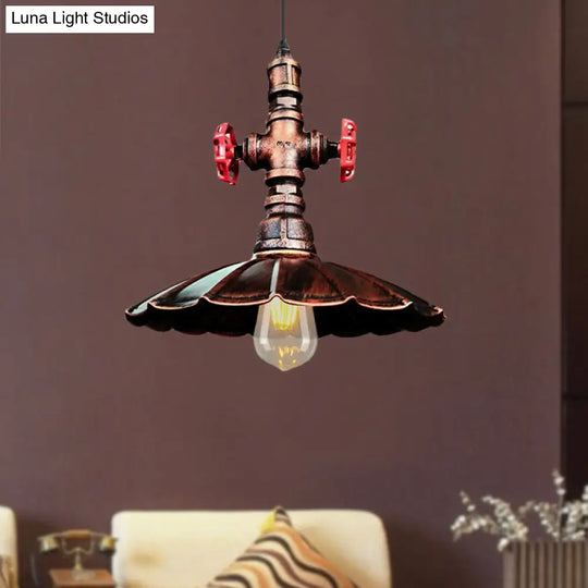 1 Light Rustic Scalloped Edge Ceiling Pendant In Brass/Weathered Copper With Pipe & Valve