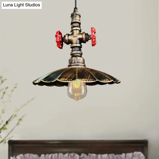 Rustic Brass Scalloped Ceiling Pendant Light With Pipe And Valve