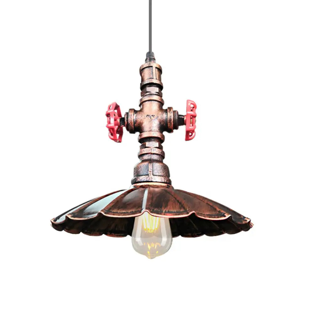 1 Light Rustic Scalloped Edge Ceiling Pendant In Brass/Weathered Copper With Pipe & Valve Weathered