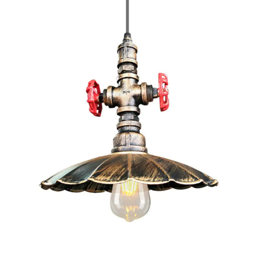 1 Light Rustic Scalloped Edge Ceiling Pendant In Brass/Weathered Copper With Pipe & Valve Brass