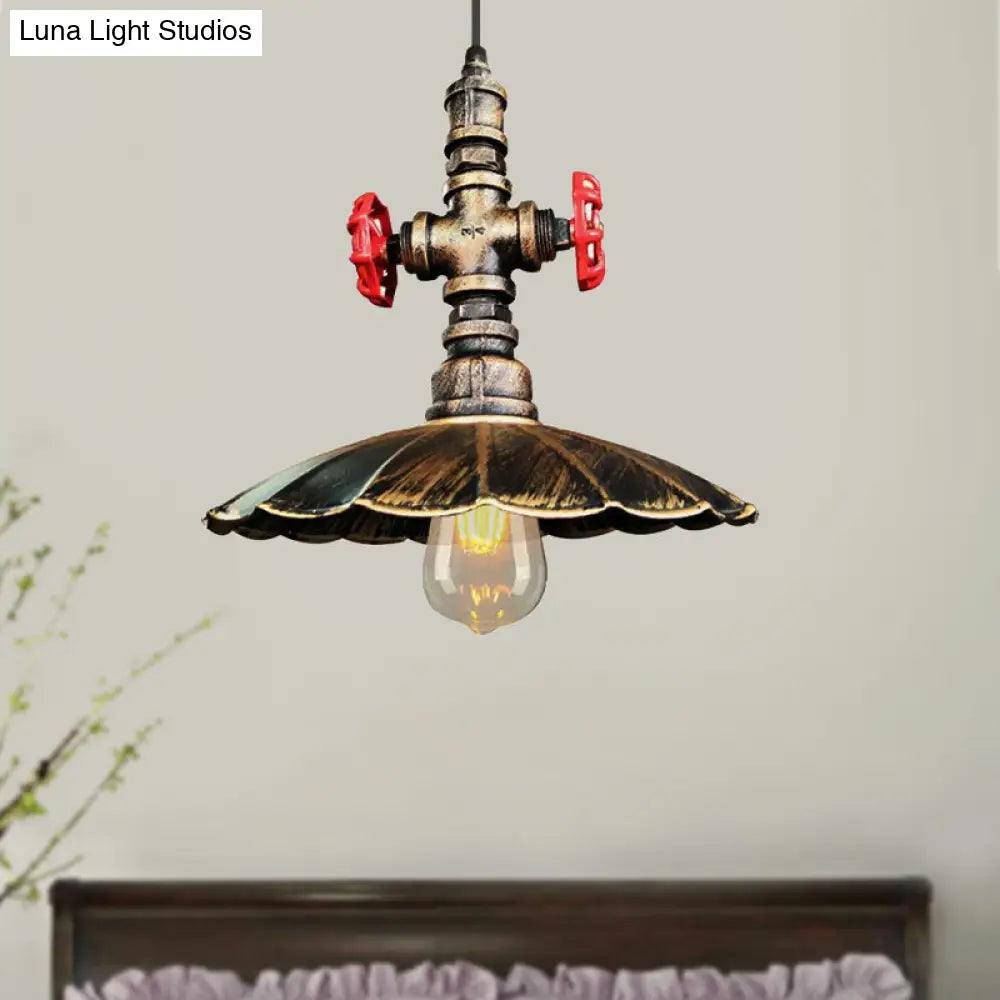 1 Light Rustic Scalloped Edge Ceiling Pendant In Brass/Weathered Copper With Pipe & Valve