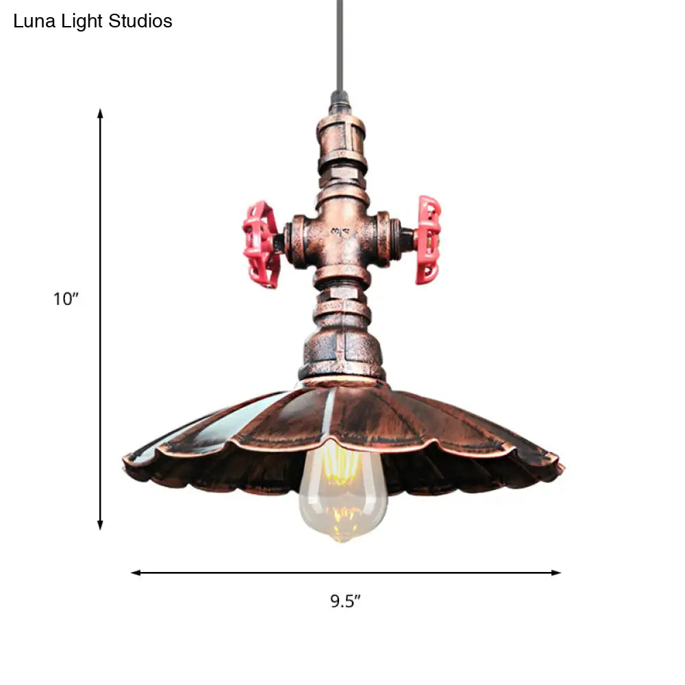 1 Light Rustic Scalloped Edge Ceiling Pendant In Brass/Weathered Copper With Pipe & Valve