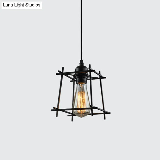 Black Metal Trapezoid/Lotus Leaf Pendant Lamp - Rustic Lighting For Living Room