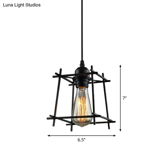 1-Light Rustic Suspension Lamp: Metal Black Trapezoid/Lotus Leaf Design Perfect For Living Room