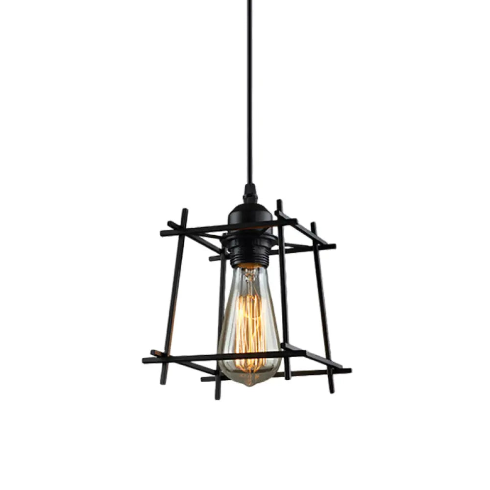 1-Light Rustic Suspension Lamp: Metal Black Trapezoid/Lotus Leaf Design Perfect For Living Room / A