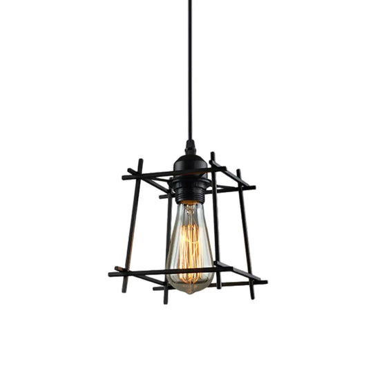 1-Light Rustic Suspension Lamp: Metal Black Trapezoid/Lotus Leaf Design Perfect For Living Room / A