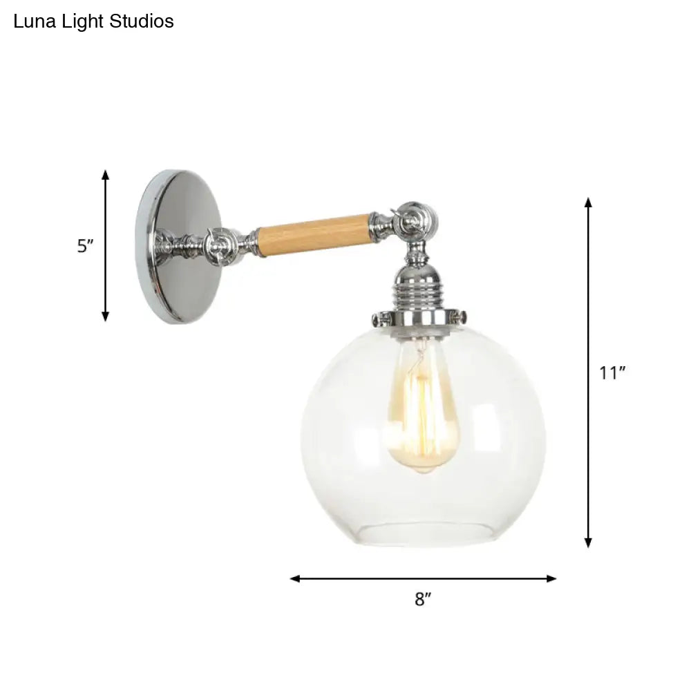 1-Light Rustic Wall Mounted Lamp - Clear Glass Rotatable Bowl/Cone/Bell Design In Chrome And Wood